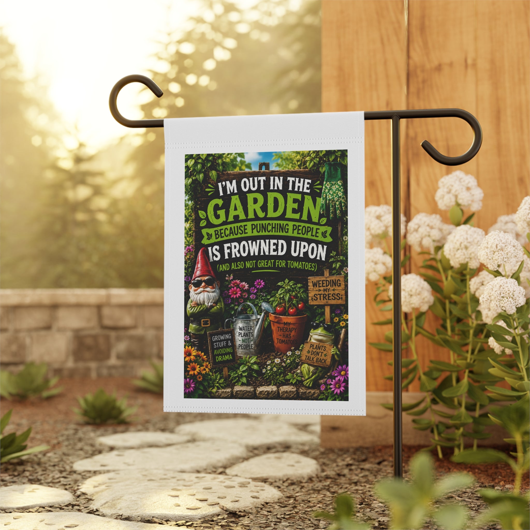 Garden Therapy™ Funny Double-Sided Garden Banner | “Punching People Is Frowned Upon” Outdoor Flag